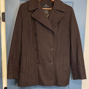 Collection by Gallery Wool Blend Pea Coat Brown Classic Button Front Large